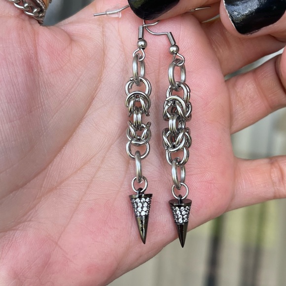 Handmade maille cz black spike dangly stainless steel earrings boho goth silver - Picture 7 of 11